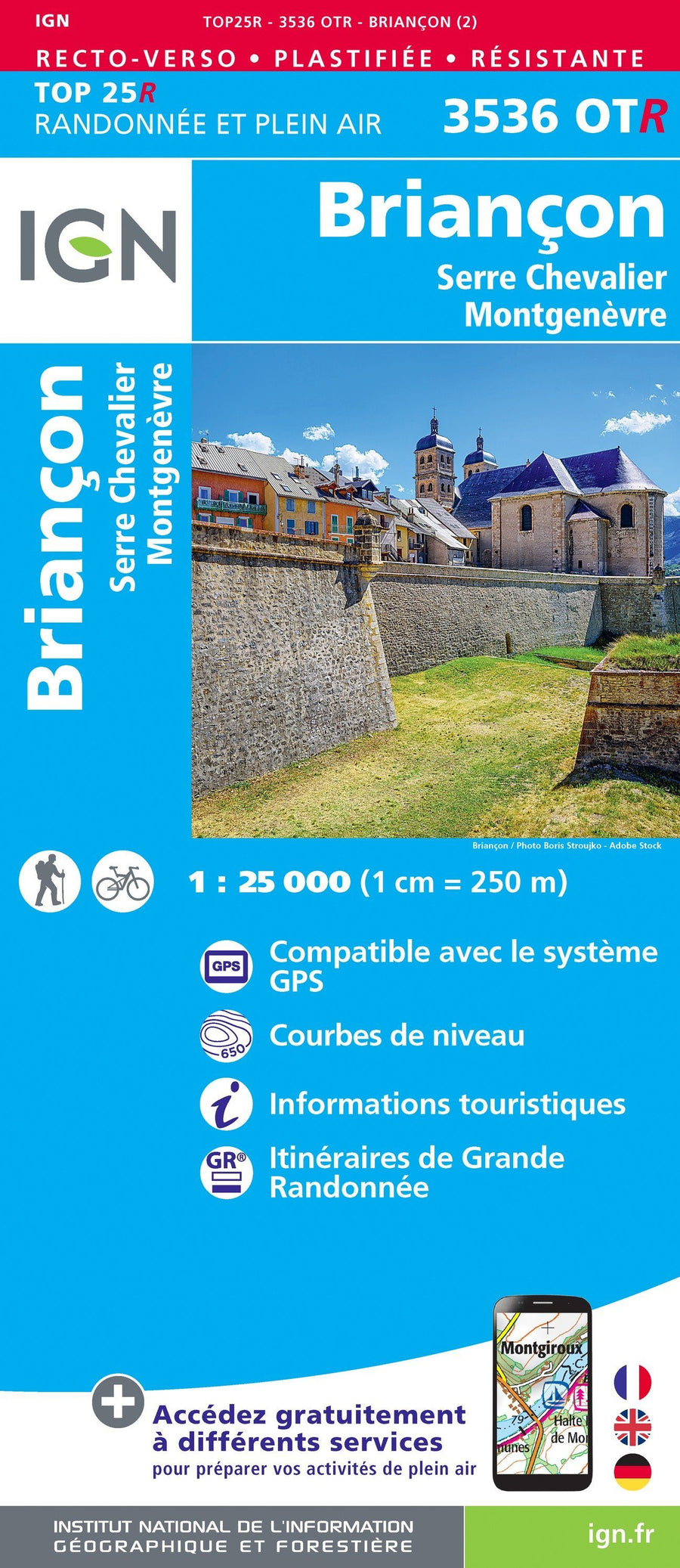 Carte TOP 25 n° 3536 OTR (résistante) - Briançon, Serre Chevalier & Montgenèvre (Alpes) | IGN carte pliée IGN 