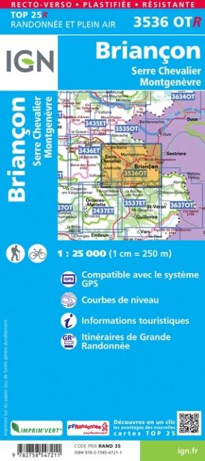 Carte TOP 25 n° 3536 OTR (résistante) - Briançon, Serre Chevalier & Montgenèvre (Alpes) | IGN carte pliée IGN 