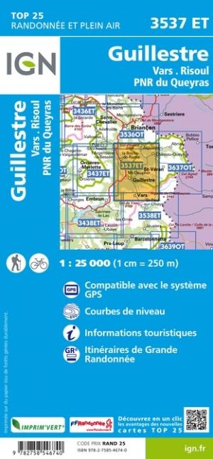 Carte TOP 25 n° 3537 ET - Guillestre, Vars et Risoul (PNR du Queyras, Alpes) | IGN carte pliée IGN 