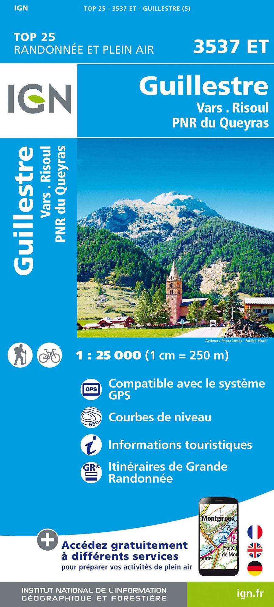 Carte TOP 25 n° 3537 ET - Guillestre, Vars et Risoul (PNR du Queyras, Alpes) | IGN carte pliée IGN 