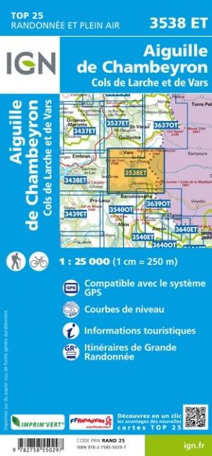 Carte TOP 25 n° 3538 ET - Aiguille de Chambeyron, Cols de Larche et de Vars | IGN carte pliée IGN 