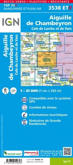 Carte TOP 25 n° 3538 ETR (Résistante) - Aiguille de Chambeyron & Cols de Larche et de Vars | IGN carte pliée IGN 