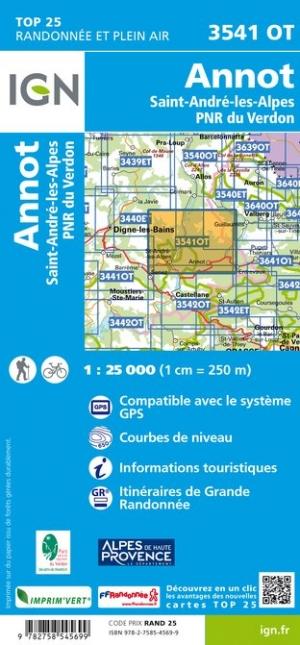 Carte TOP 25 n° 3541 OT - Annot, St André les Alpes (PNR du Verdon) | IGN carte pliée IGN 