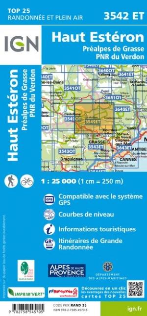 Carte TOP 25 n° 3542 ET - Haut Estéron et Préalpes de Grasse (PNR du Verdon) | IGN carte pliée IGN 
