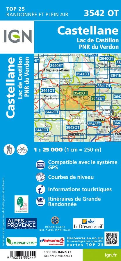 Carte TOP 25 n° 3542 OT - Castellane, Lac de Castillon (PNR du Verdon) | IGN carte pliée IGN 