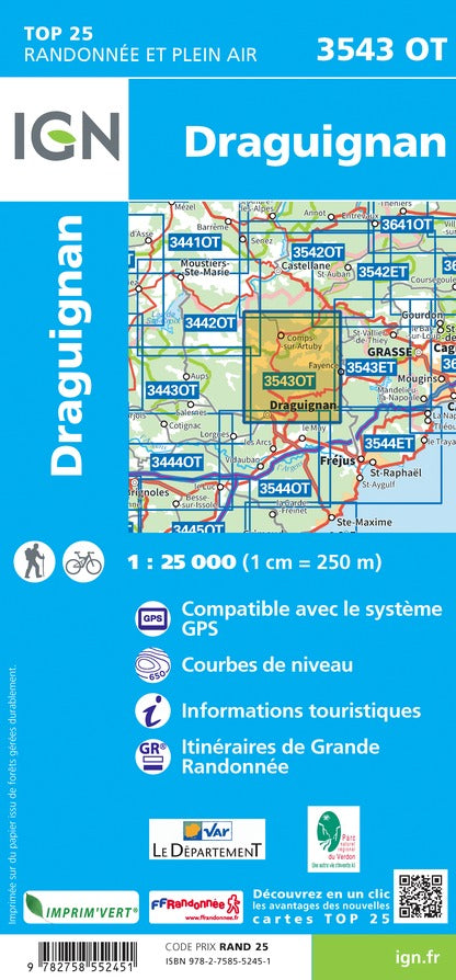 Carte TOP 25 n° 3543 OT - Draguignan | IGN carte de randonnée IGN