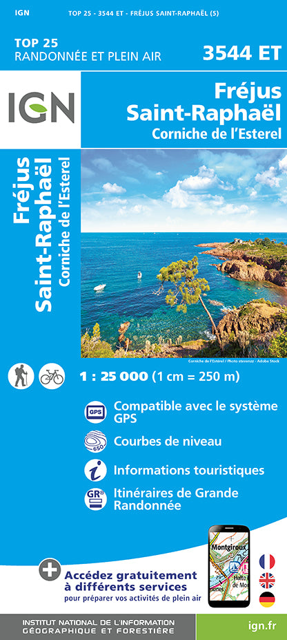 Carte TOP 25 n° 3544 ET - Fréjus, St-Raphaël, Corniche de l'Esterel | IGN carte de randonnée IGN