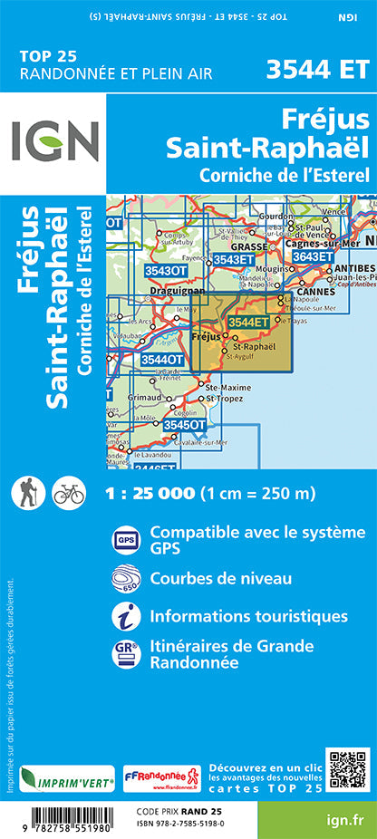 Carte TOP 25 n° 3544 ET - Fréjus, St-Raphaël, Corniche de l'Esterel | IGN carte de randonnée IGN