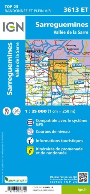 Carte TOP 25 n° 3613 ET - Sarreguemines, Vallée de la Sarre | IGN carte de randonnée IGN