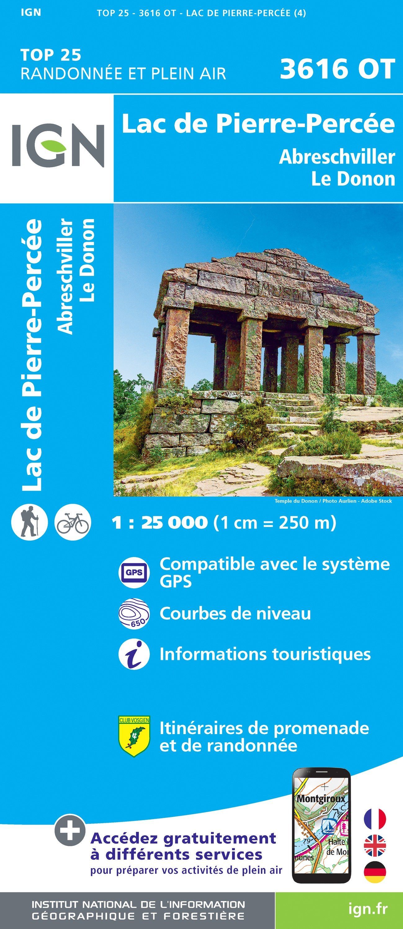 Carte TOP 25 n° 3616 OT - Lac de Pierre-Percée, Abreschviller, Le Donon | IGN carte de randonnée IGN