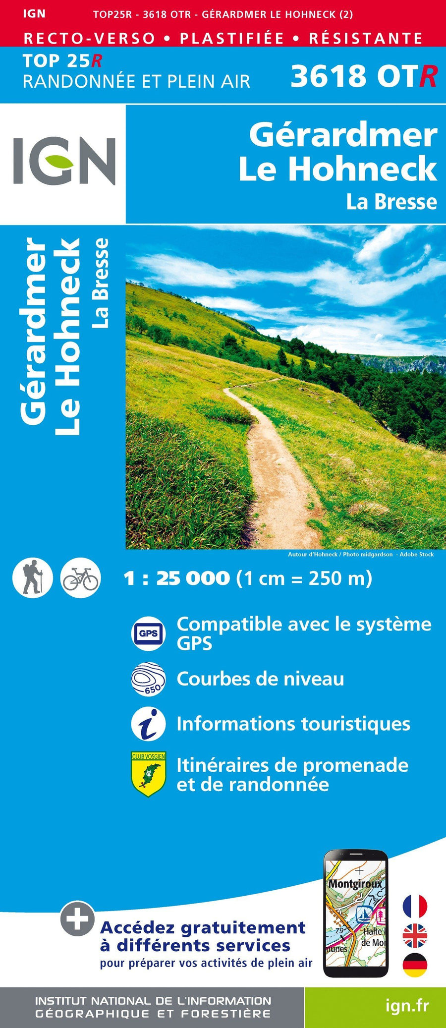 Carte TOP 25 n° 3618 OTR (Résistante) - Gérardmer, Le Hohneck, La Bresse | IGN carte pliée IGN 