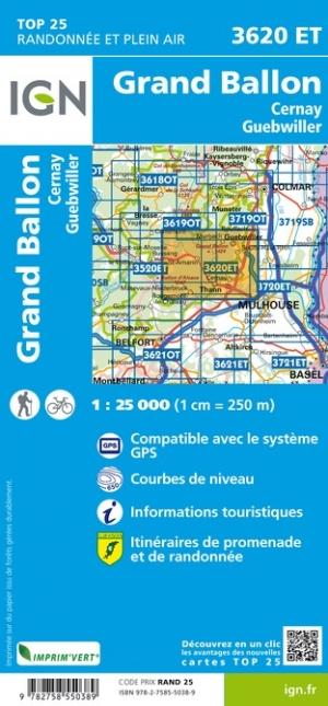 Carte TOP 25 n° 3620 ET - Grand Ballon, Cernay, Guebwiller | IGN carte de randonnée IGN