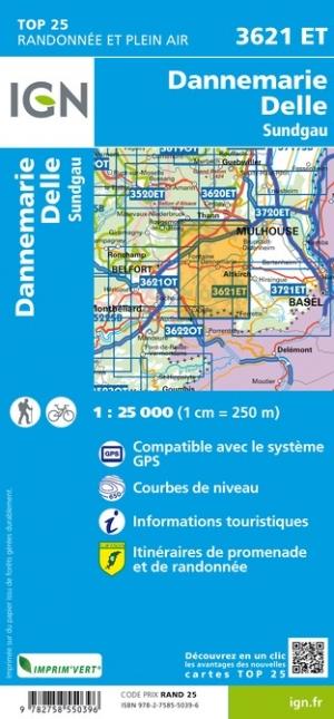 Carte TOP 25 n° 3621 ET - Dannemarie, Delle, Sundgau | IGN carte de randonnée IGN
