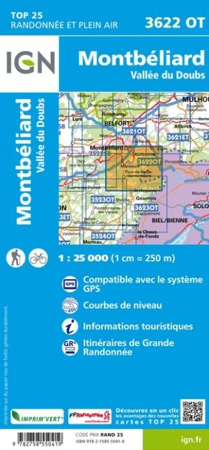 Carte TOP 25 n° 3622 OT - Montbéliard, Vallée du Doubs | IGN carte pliée IGN 