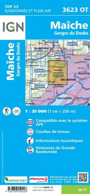 Carte TOP 25 n° 3623 OT - Maiche, Gorges du Doubs | IGN carte pliée IGN 