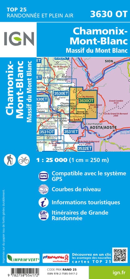 Carte TOP 25 n° 3630 OT - Chamonix & Massif du Mont Blanc (Alpes) | IGN carte de randonnée IGN