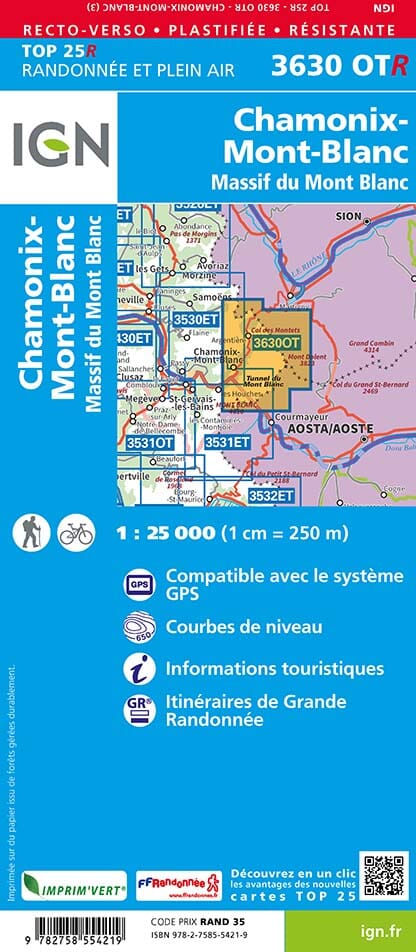 Carte TOP 25 n° 3630 OTR (résistante) - Chamonix-Mont-Blanc & Massif du Mont Blanc | IGN carte de randonnée IGN