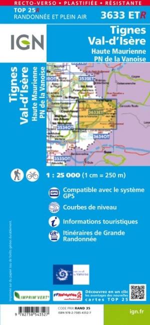 Carte TOP 25 n° 3633 ETR (résistante) - Tignes, Val d'Isère, Haute Maurienne (PN de la Vanoise, Alpes) | IGN carte de randonnée IGN
