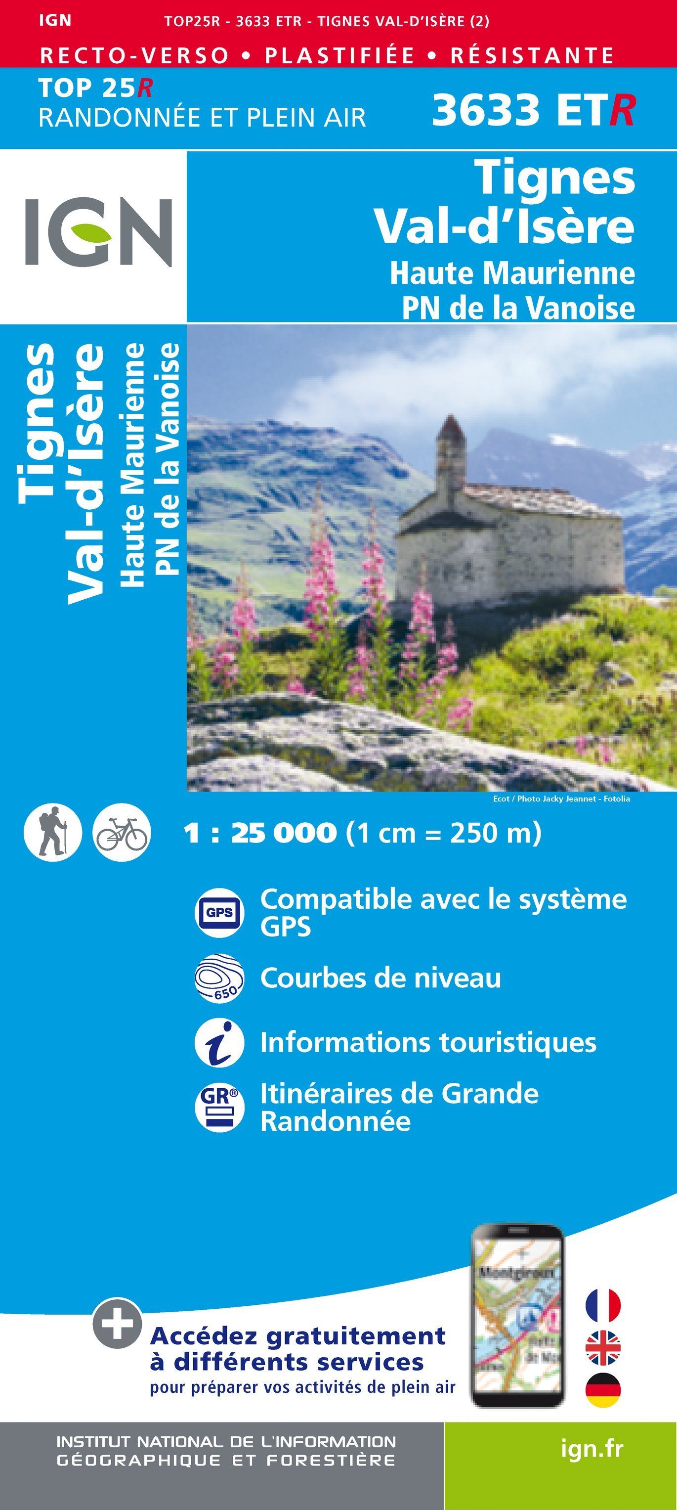 Carte TOP 25 n° 3633 ETR (résistante) - Tignes, Val d'Isère, Haute Maurienne (PN de la Vanoise, Alpes) | IGN carte de randonnée IGN