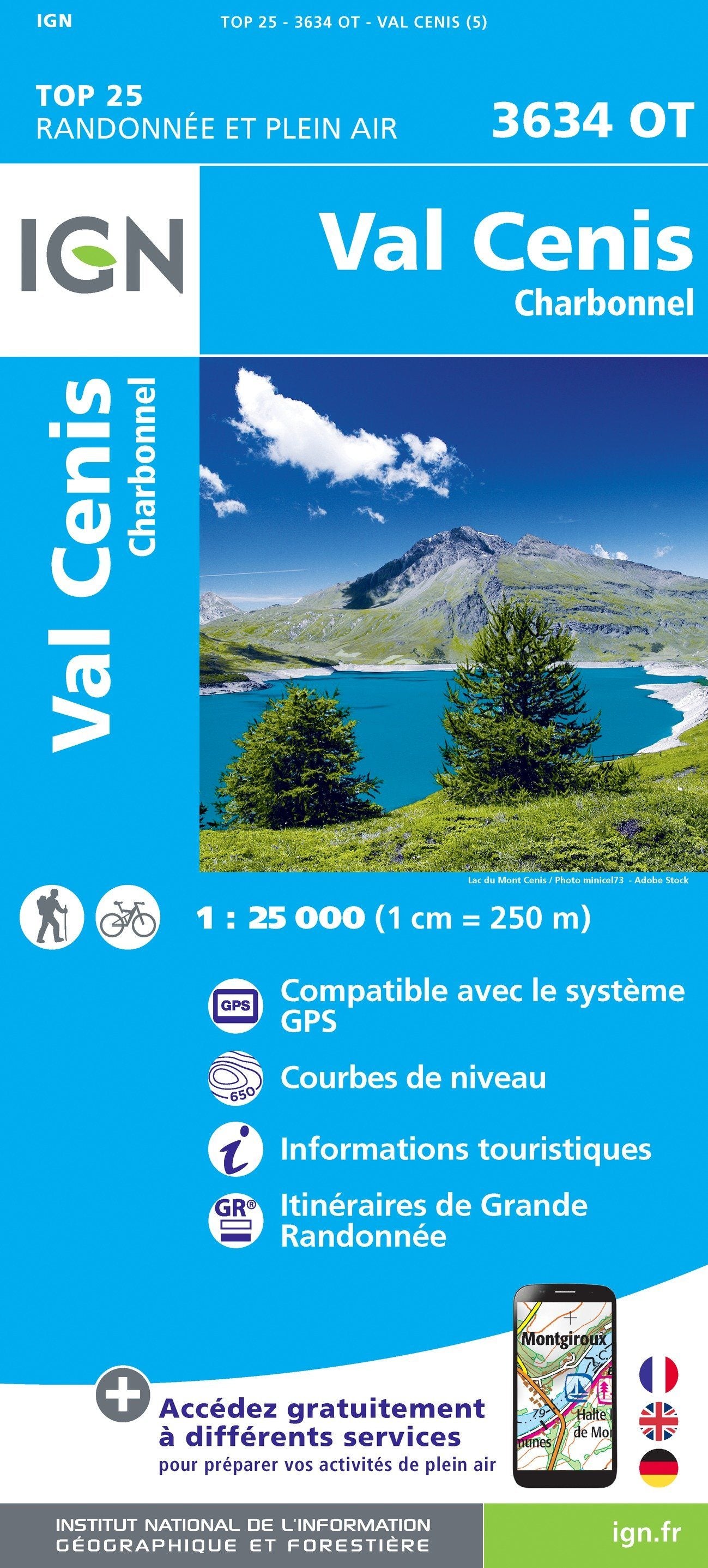 Carte TOP 25 n° 3634 OT - Val Cenis & Charbonnel (Alpes) | IGN carte de randonnée IGN