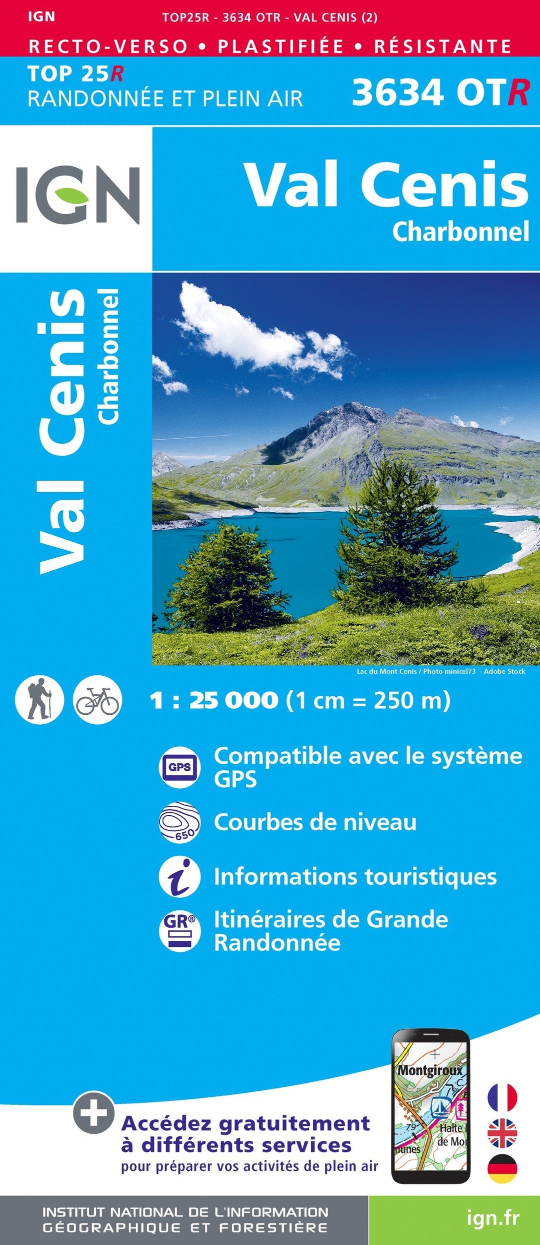 Carte TOP 25 n° 3634 OTR (résistante) - Val Cenis & Charbonnel (Alpes) | IGN carte pliée IGN 
