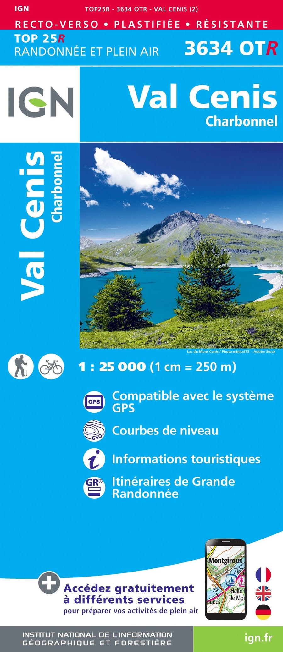 Carte TOP 25 n° 3634 OTR (résistante) - Val Cenis & Charbonnel (Alpes) | IGN carte pliée IGN 