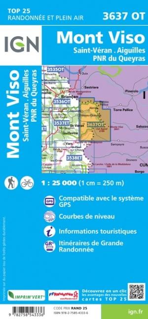 Carte TOP 25 n° 3637 OT - Mont Viso, St Véran et Aiguilles (Queyras) | IGN carte de randonnée IGN