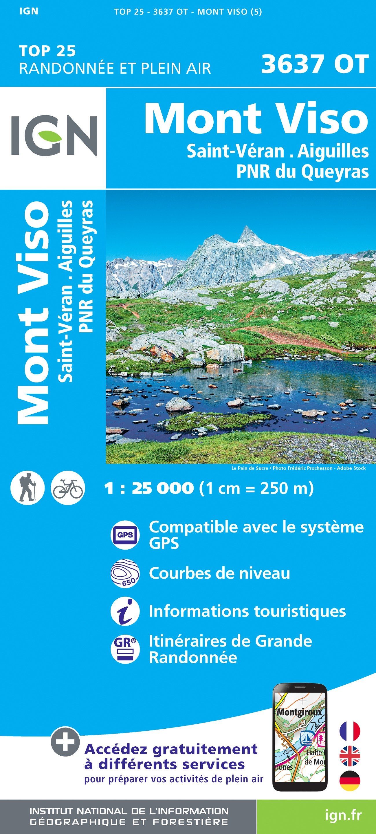 Carte TOP 25 n° 3637 OT - Mont Viso, St Véran et Aiguilles (Queyras) | IGN carte de randonnée IGN