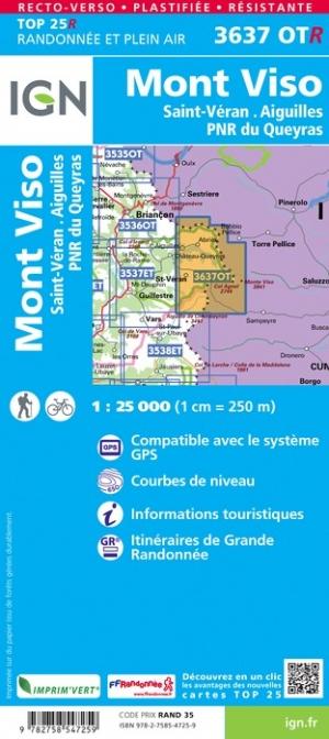 Carte TOP 25 n° 3637 OTR (résistante) - Mont Viso, St Véran & Aiguilles (Queyras) | IGN carte pliée IGN 