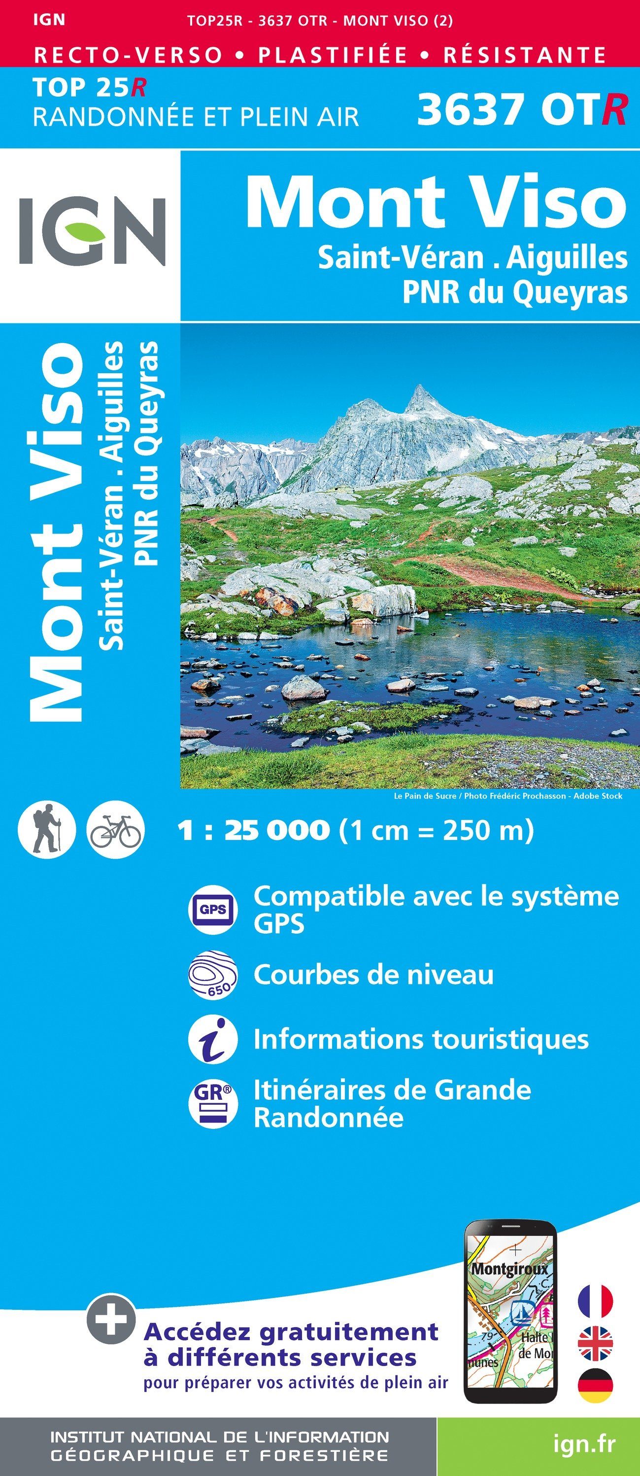 Carte TOP 25 n° 3637 OTR (résistante) - Mont Viso, St Véran & Aiguilles (Queyras) | IGN carte de randonnée IGN
