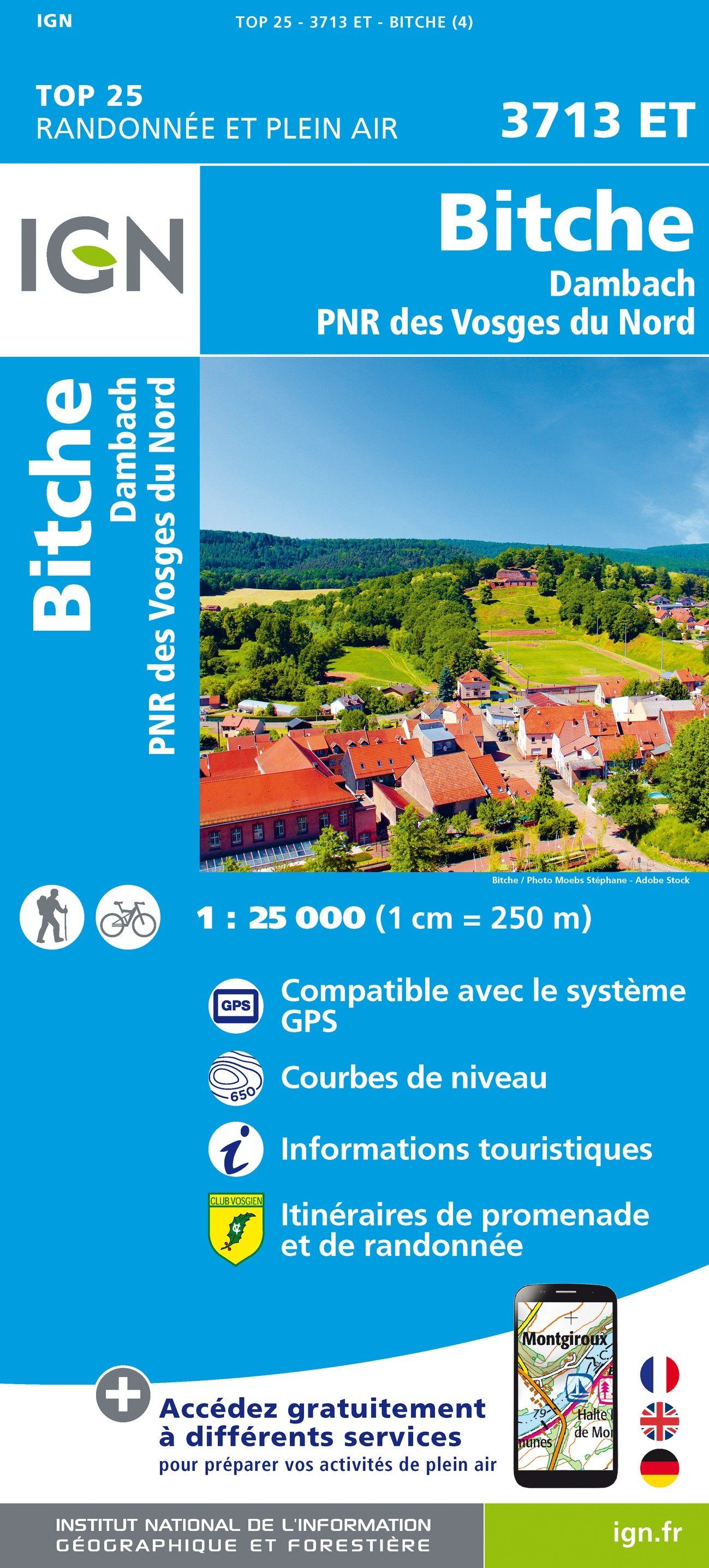 Carte TOP 25 n° 3713 ET - Bitche, Dambach, PNR des Vosges du Nord | IGN carte de randonnée IGN