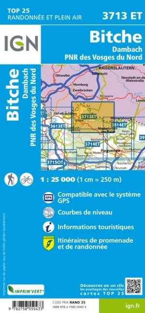 Carte TOP 25 n° 3713 ET - Bitche, Dambach, PNR des Vosges du Nord | IGN carte de randonnée IGN