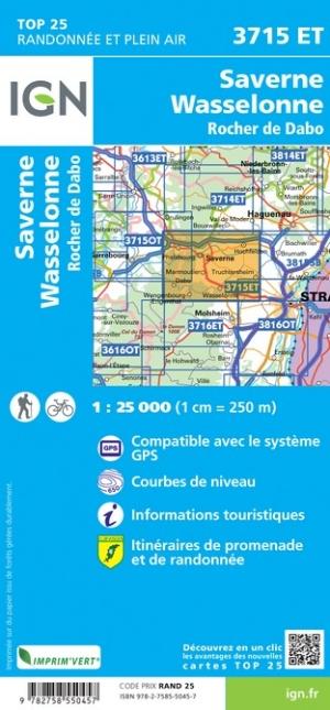 Carte TOP 25 n° 3715 ET - Saverne, Wasselonne, Rocher de Dabo | IGN carte de randonnée IGN