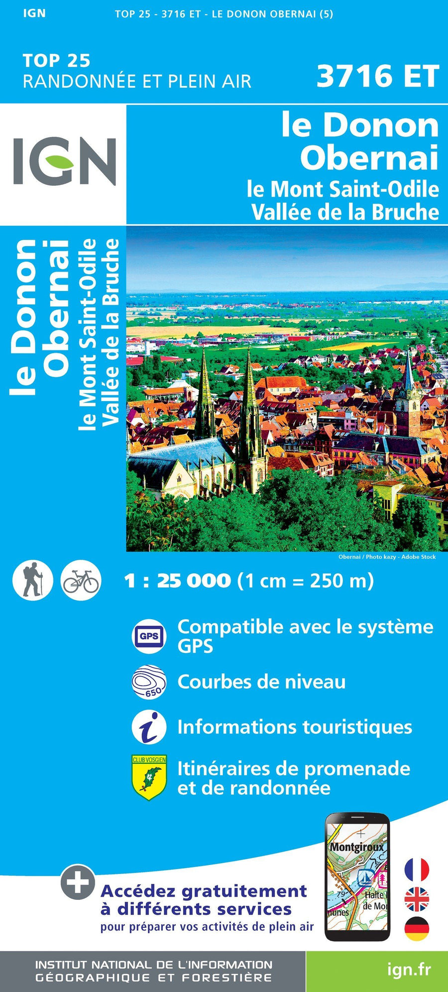 Carte TOP 25 n° 3716 ET - Le Donon, Obernai, Mont Sainte-Odile, Vallée de la Bruche | IGN carte pliée IGN 