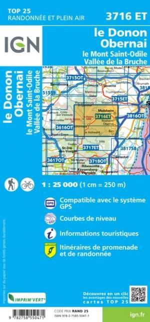 Carte TOP 25 n° 3716 ET - Le Donon, Obernai, Mont Sainte-Odile, Vallée de la Bruche | IGN carte de randonnée IGN