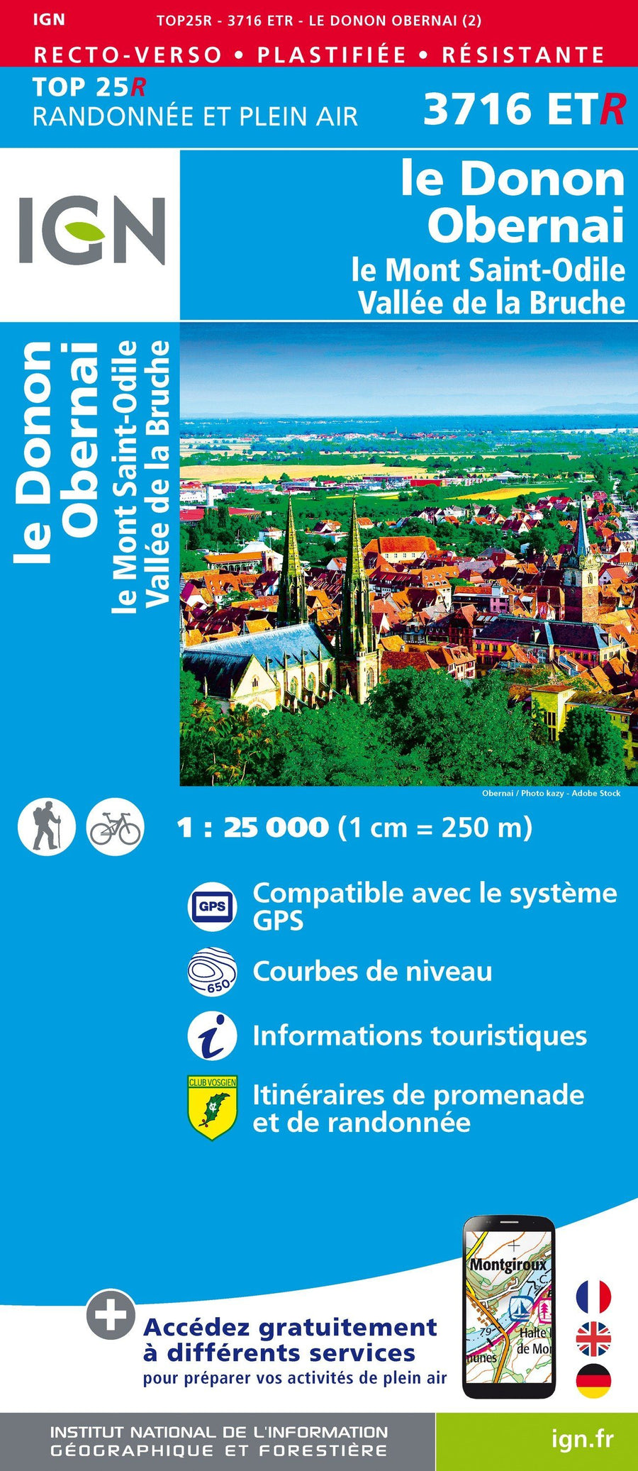 Carte TOP 25 n° 3716 ETR (Résistante) - Le Donon, Obernai, Mont Saint-Odile, Vallée de la Bruche | IGN carte pliée IGN 