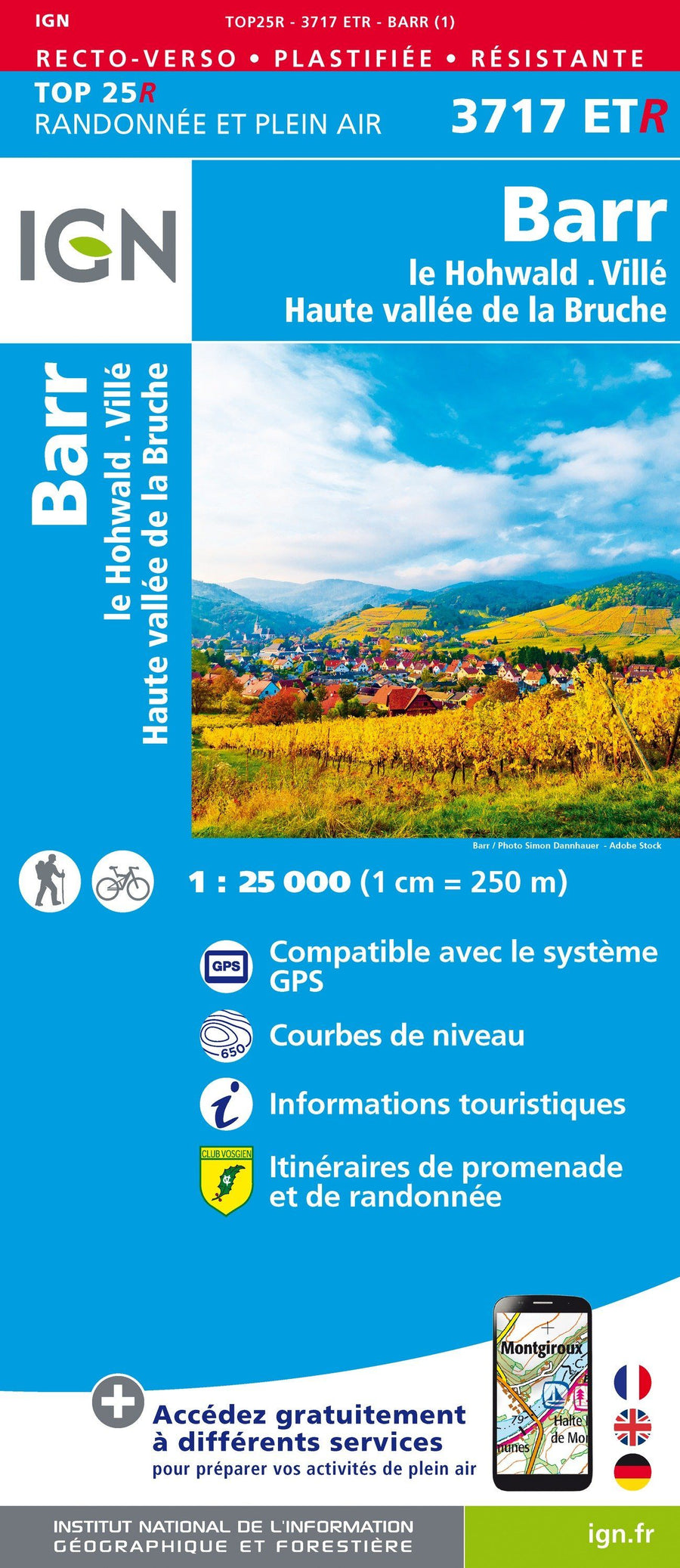 Carte TOP 25 n° 3717 ETR (résistante) - Barr, le Hohwald, Villé & Haute vallée de la Bruche | IGN carte pliée IGN 