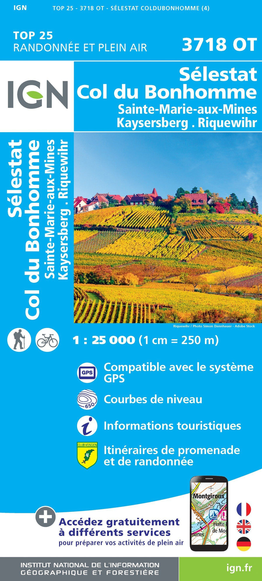 Carte TOP 25 n° 3718 OT - Sélestat, Col du Bonhomme, Sainte-Marie-aux-Mines, Kaysersberg, Riquewihr | IGN carte pliée IGN 