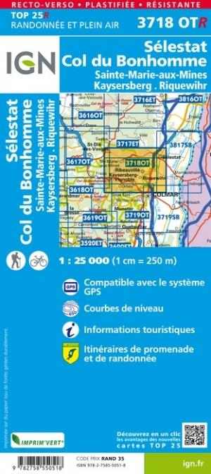 Carte TOP 25 n° 3718 OTR (Résistante) - Sélestat, Col du Bonhomme, Sainte-Marie-aux-Mines, Kaysersberg, Riquewihr | IGN carte pliée IGN 