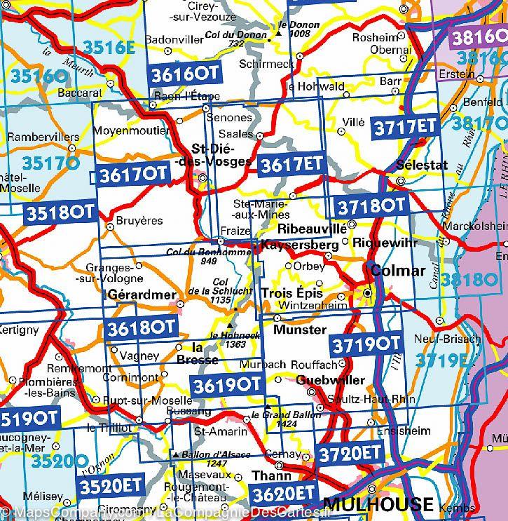 Carte TOP 25 n° 3718 OTR (Résistante) - Sélestat, Col du Bonhomme, Sainte-Marie-aux-Mines, Kaysersberg, Riquewihr | IGN carte de randonnée IGN