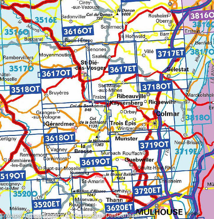 Carte TOP 25 n° 3718 OTR (Résistante) - Sélestat, Col du Bonhomme, Sainte-Marie-aux-Mines, Kaysersberg, Riquewihr | IGN carte pliée IGN 