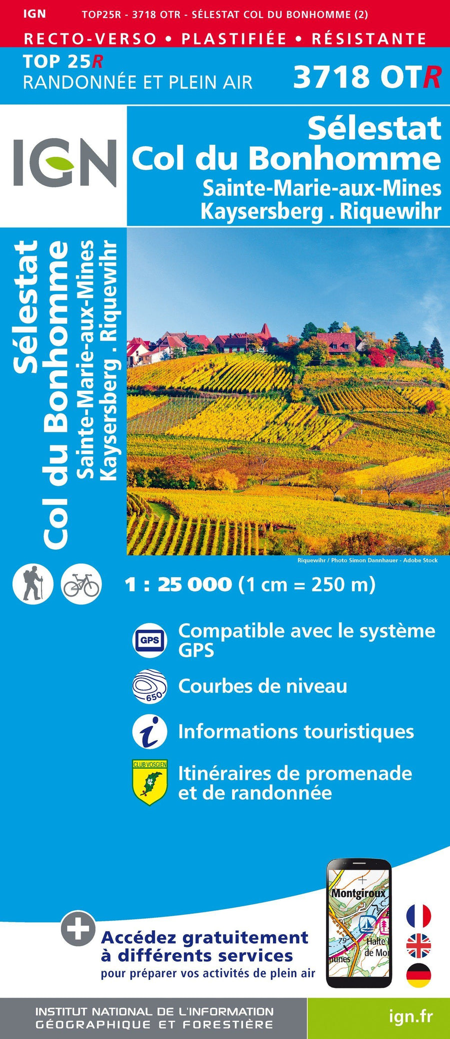 Carte TOP 25 n° 3718 OTR (Résistante) - Sélestat, Col du Bonhomme, Sainte-Marie-aux-Mines, Kaysersberg, Riquewihr | IGN carte pliée IGN 