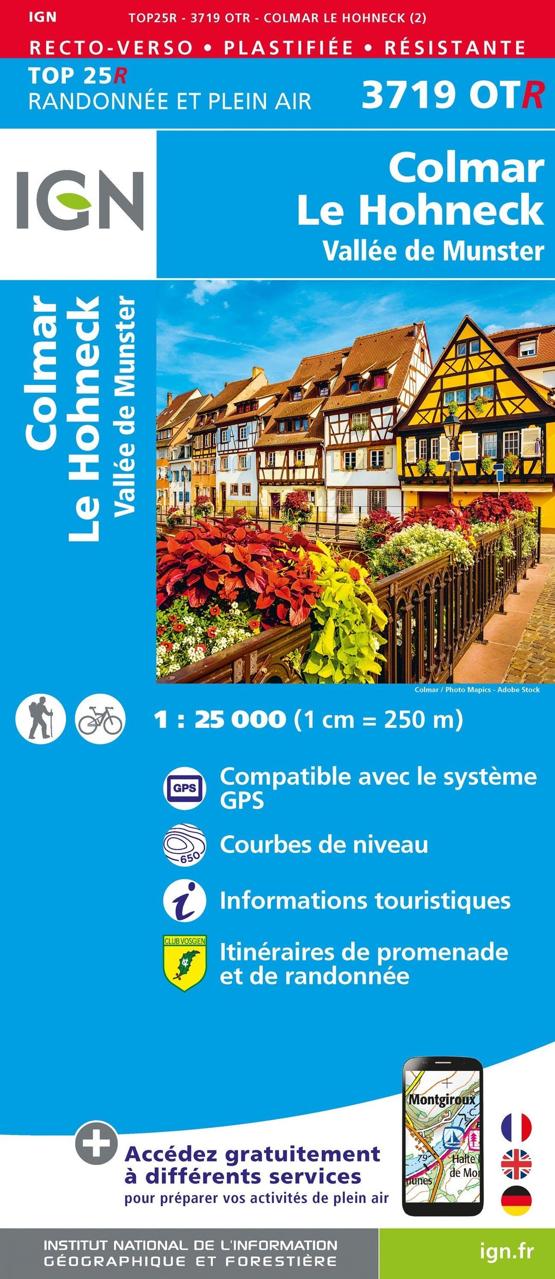 Carte TOP 25 n° 3719 OTR (Résistante) - Colmar, Le Hohneck, Vallée de Munster | IGN carte pliée IGN 