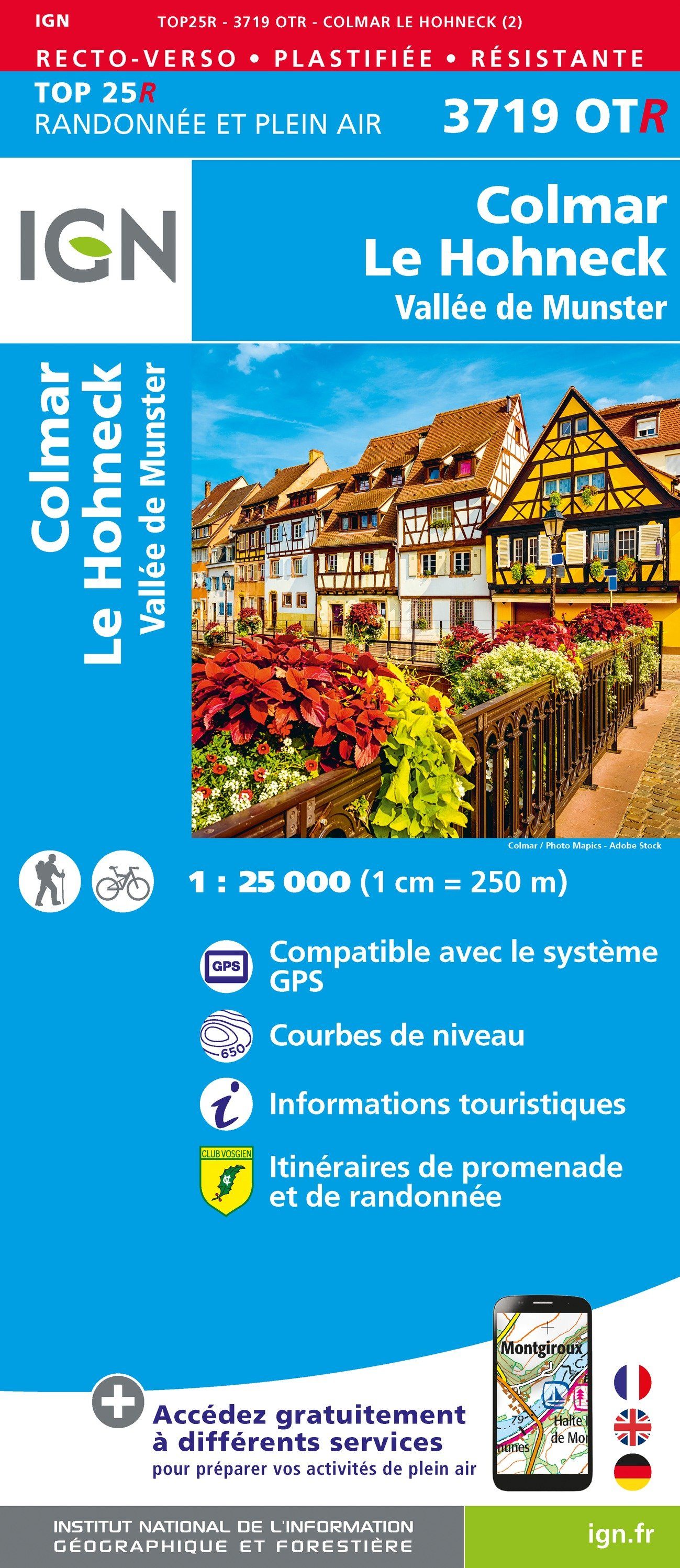 Carte TOP 25 n° 3719 OTR (Résistante) - Colmar, Le Hohneck, Vallée de Munster | IGN carte de randonnée IGN