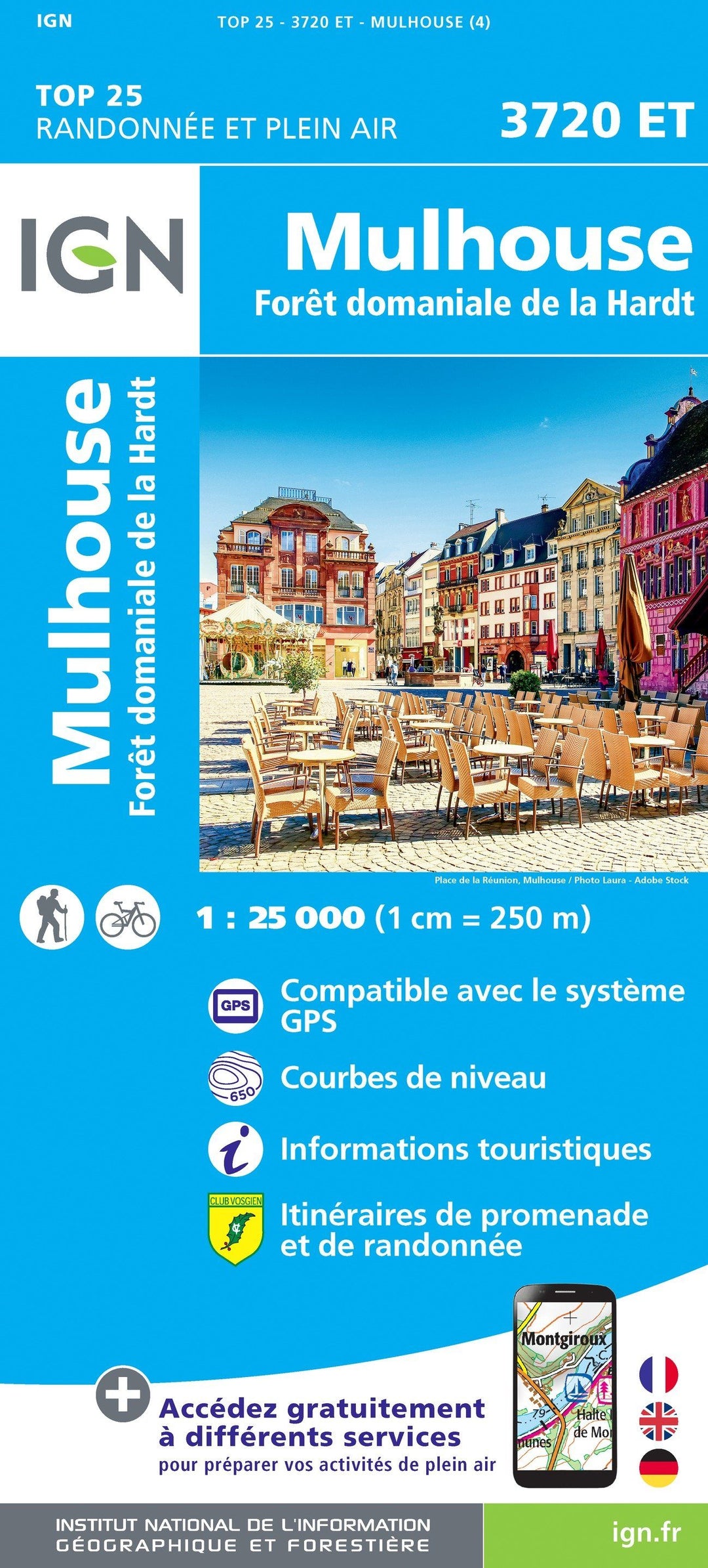 Carte TOP 25 n° 3720 ET - Mulhouse, Forêt Domaniale de la Hardt | IGN carte pliée IGN 