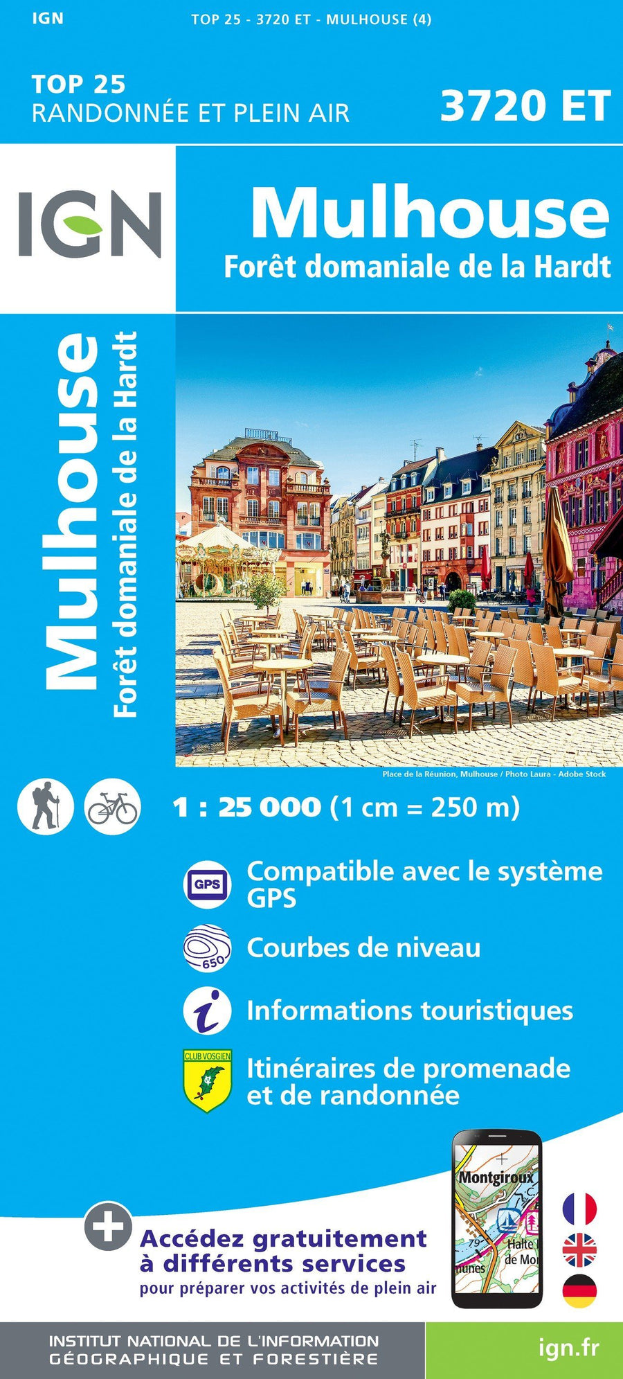 Carte TOP 25 n° 3720 ET - Mulhouse, Forêt Domaniale de la Hardt | IGN carte pliée IGN 