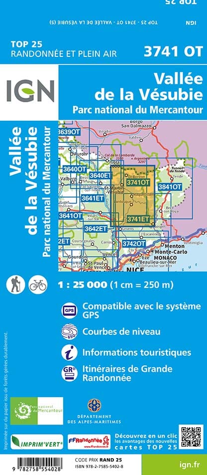 Carte TOP 25 n° 3741 OT - Vallée de la Vésubie (Parc National du Mercantour) | IGN carte pliée IGN 