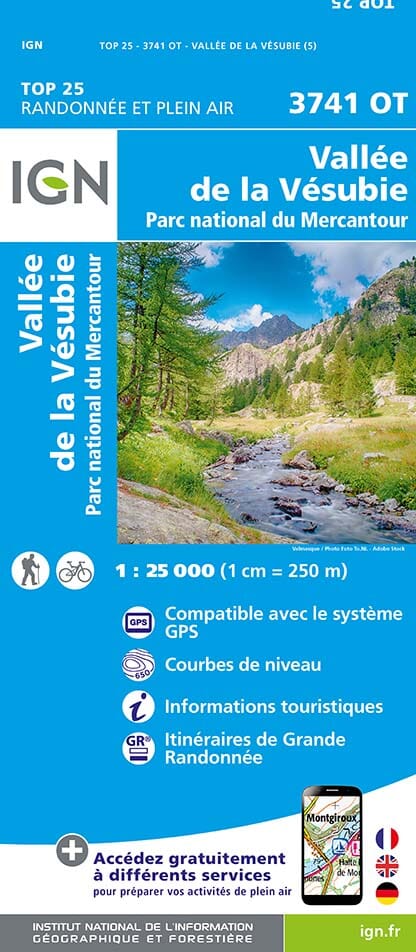Carte TOP 25 n° 3741 OT - Vallée de la Vésubie (Parc National du Mercantour) | IGN carte de randonnée IGN