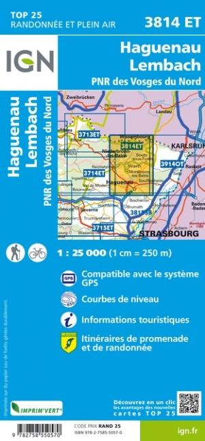 Carte TOP 25 n° 3814 ET - Haguenau, Lembach, PNR des Vosges du Nord | IGN carte de randonnée IGN