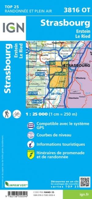 Carte TOP 25 n° 3816 OT - Strasbourg, Erstein, le Ried | IGN carte de randonnée IGN